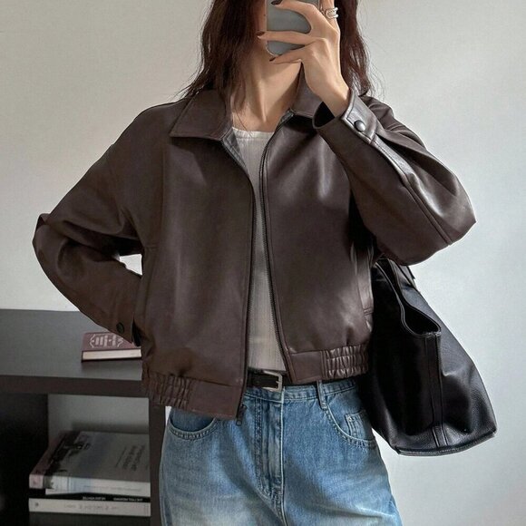 Brown Casual Womens Short faux Leather Jacket - Picture 2 of 7